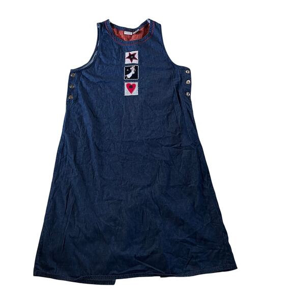 Vtg Y2K 2000s Embroidered Denim Jumper Dress Sz XL Patchwork Cottagecore - Picture 1 of 7